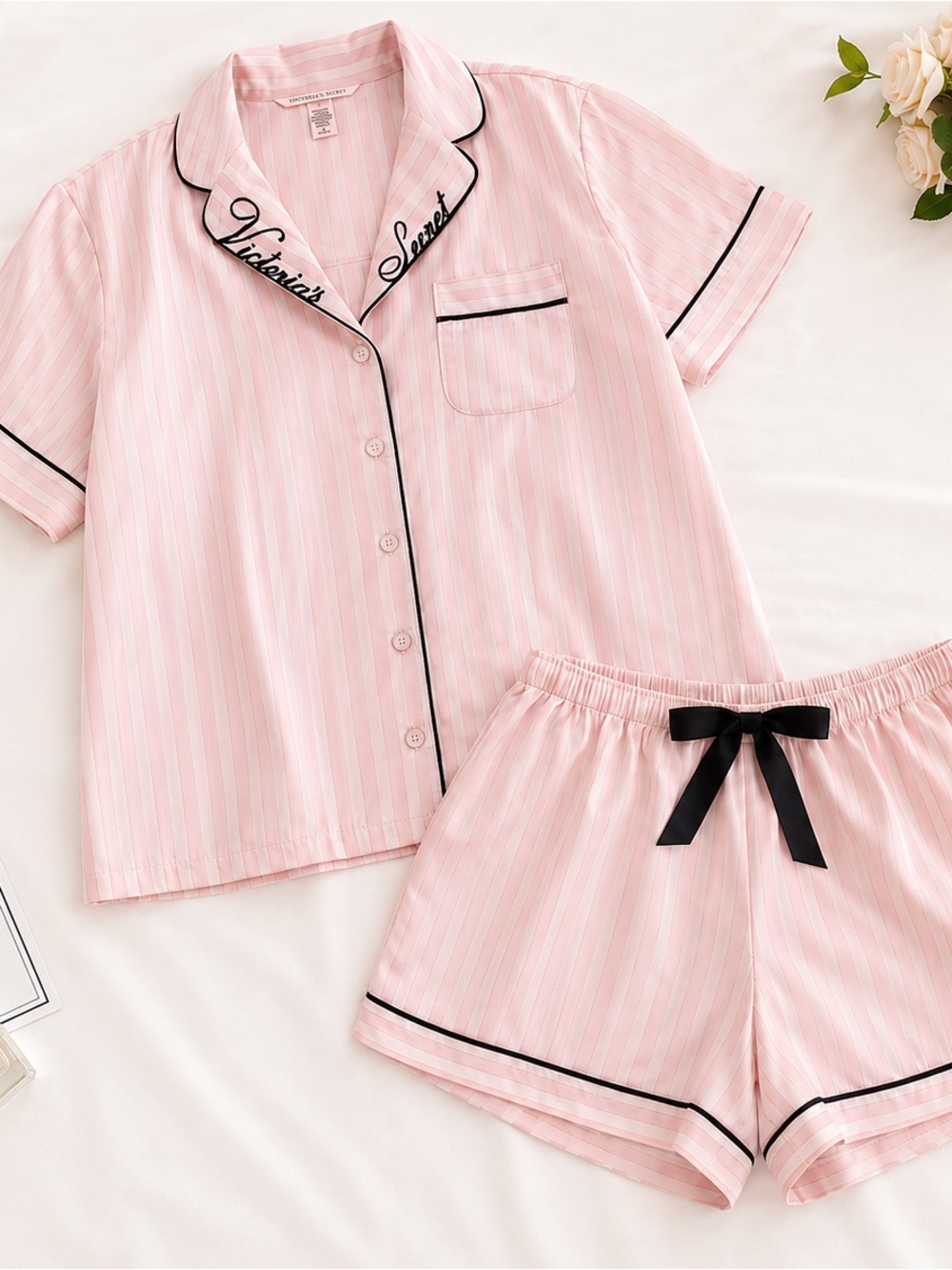 Victoria's Secret Pink Striped Short Pajama Set with Black Trim